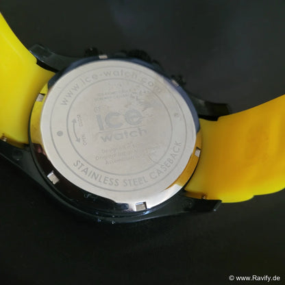 Sportliche Ice-Watch Chrono Herren-Armbanduhr in Schwarz und Gelb mit Datumsanzeige, Lupe und robustem Kunststoffarmband.