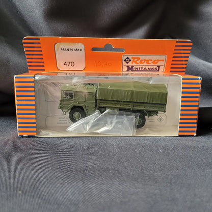 Vintage Miniaturmodell des MAN N 4510 LKW mit Plane von Roco Minitanks in Originalverpackung.
