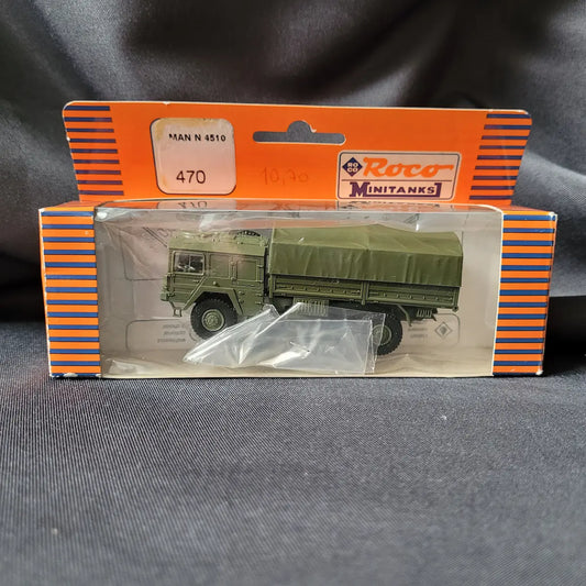 Vintage Miniaturmodell des MAN N 4510 LKW mit Plane von Roco Minitanks in Originalverpackung.