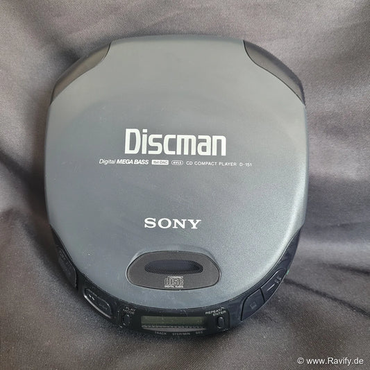 Sony Discman D-151 tragbarer CD-Player in Dunkelgrau mit Mega Bass und Digital Display.