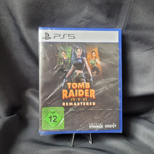 Originalverpacktes PS5-Spiel Tomb Raider IV-V-VI Remastered mit USK 12 Freigabe.